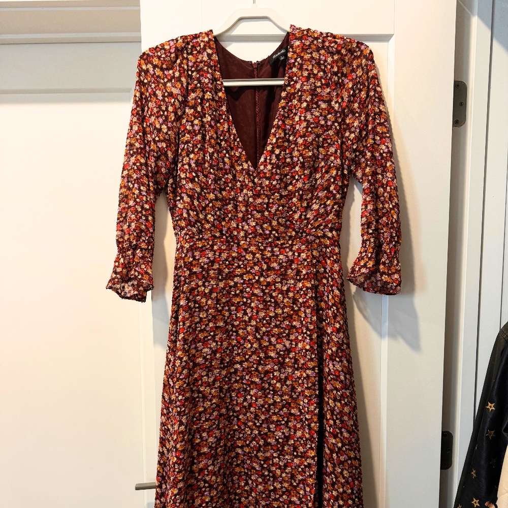 Madewell | Long-Sleeve Crossover Midi Dress - Floral - Size 0